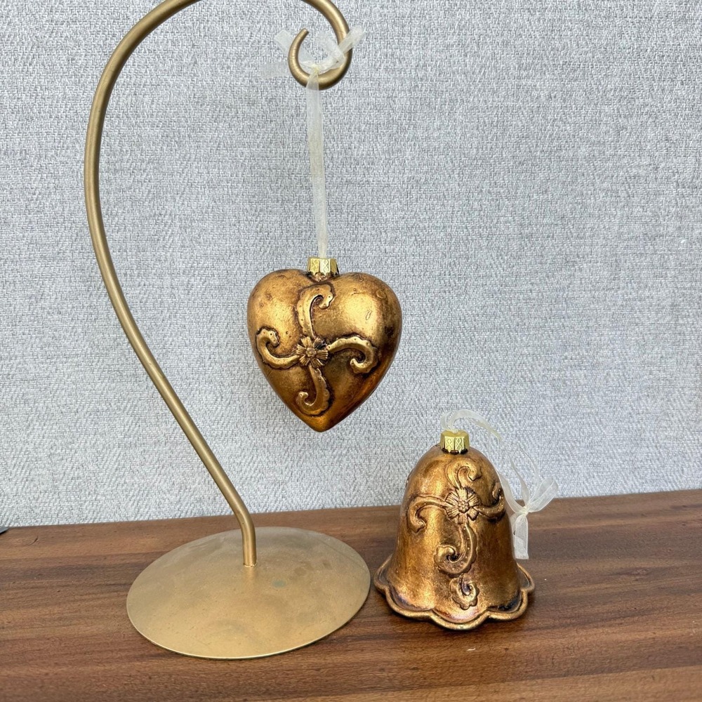 Vintage Golden Christmas Ornaments Set 2 Heart and Bell Baroque Scrollwork Decor